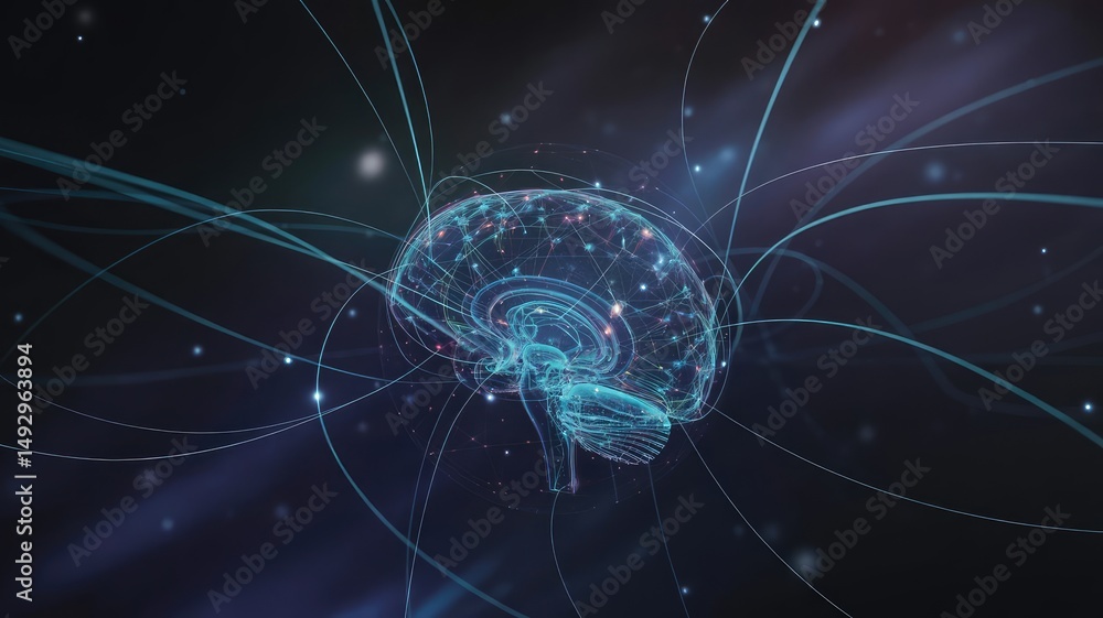 Aufkleber cosmic mind: a mesmerizing abstract image depicting a glowing digital brain with intricate neural pa