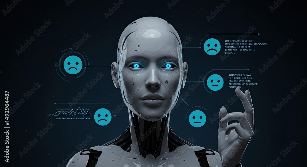 Poster Futuristic Robot with Emotional Interface Displaying Sad and Neutral Facial Expressions