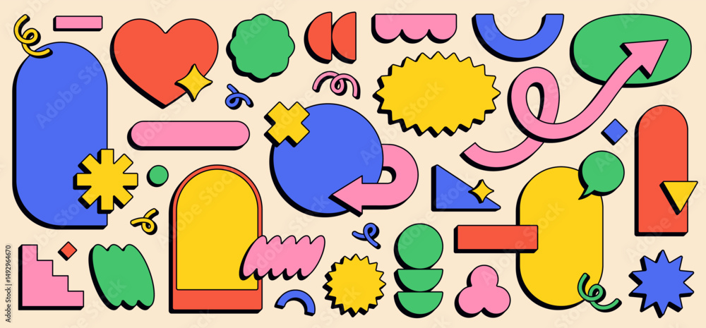 Fototapete abstract funky frames, playful blank stickers in various shapes. colorful retro groovy labels, bold 