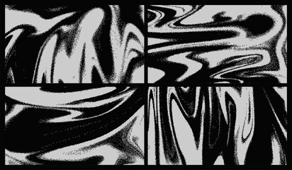 Retro monochrome bitmap glitch backgrounds with dithering effect, abstract 1-bit pixel art VHS distortion texture. Damaged analog video frame, distorted TV screen bitmap overlay vector background set