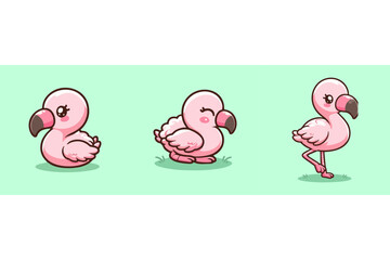 three pink flamingos, Flamingo vector, standing tropical bird flat cartoon, cute pink animal design for seamless nursery wallpaper, summer background, kids wildlife room decor, 