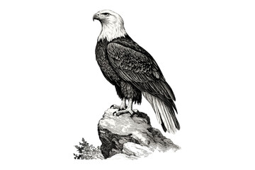 Majestic Eagle on Cliff, Vintage Bird of Prey Line Art, Rustic Wildlife Sketch, Antique Ornithology Etching, Retro Animal Illustration, Old Engraving Style, hand drawn, ink art