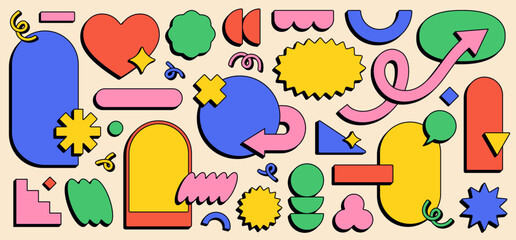 Abstract funky frames, playful blank stickers in various shapes. Colorful retro groovy labels, bold cartoon zig zag edge geometric forms, dynamic arrow pointers, empty comic style badges vector set
