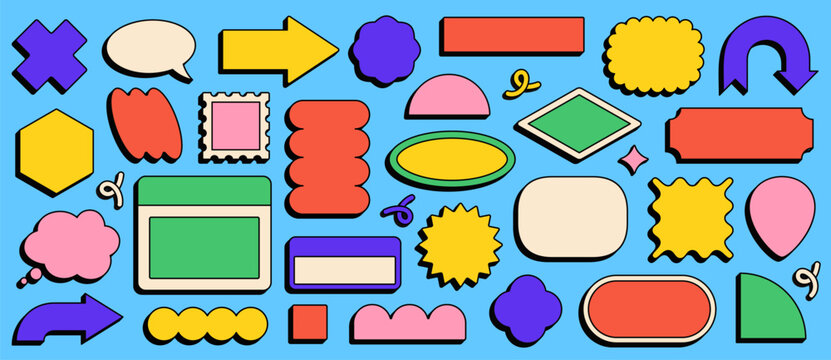 Cartoon funky geometric frames, blank playful stickers in various shapes. Colorful retro groovy labels, fun abstract forms with scalloped edges, empty bold comic style badges or patches vector set