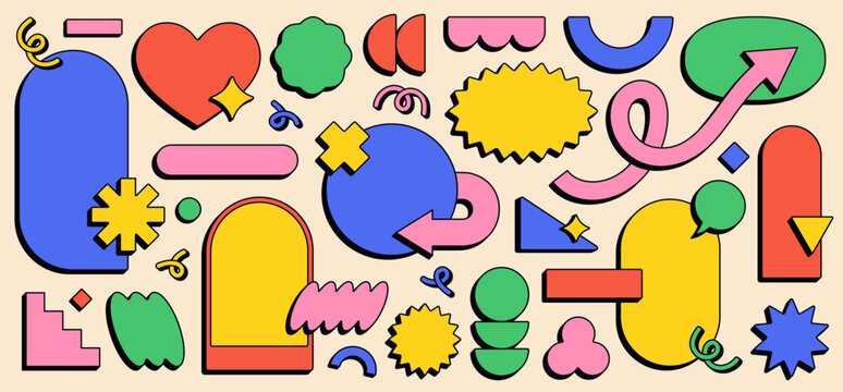 Abstract funky frames, playful blank stickers in various shapes. Colorful retro groovy labels, bold cartoon zig zag edge geometric forms, dynamic arrow pointers, empty comic style badges vector set