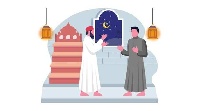 Imam Muqtadi greeting after Taraweeh night prayers animation Spiritual conversation at Mosque animated video, Eid al-Adha Clip Eid-al-Kabir Hajj footage Traditional Arab Muslim Festival motion graphic
