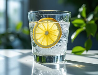 A refreshing glass of sparkling water with a lemon slice, set on a sunlit table with green plants in the background.