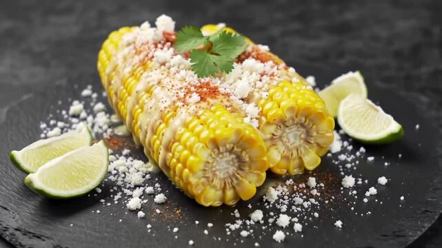 Top Down View Of Delicious Elotes Mexican Street Corn Coated with Creamy Sauce Sprinkled with Cotija Cheese and Chili Powder Garnished with Cilantro And Lime Wedges