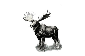 Hand-drawn Moose in Forest, Vintage Black and White Sketch, Nature Decor, Monochrome Animal Art, Trendy Outdoor Wall Art, Wildlife Etching, Retro Forest Illustration