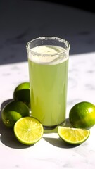 Fototapeta premium Refreshing green limeade cocktail with salt rim and fresh limes for summer enjoyment