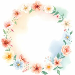 Fototapeta premium A watercolor spring background features a delicate floral circle frame with soft pastel colors and a dreamy, artistic atmosphere.
