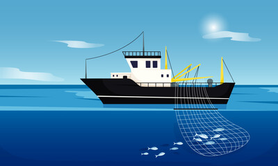 Fishing trawler catching fish with a large net in calm ocean, flat graphic style, under blue sky with sun. Concept of commercial fishing. Vector illustration