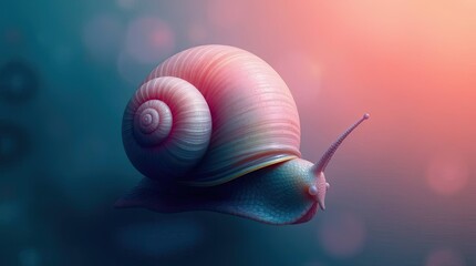 Dreamy snail with pink shell on blurred background evokes calmness and wonder