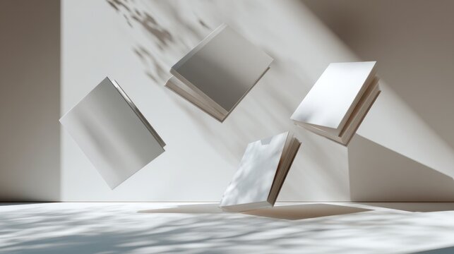 Modern mockup of four books, floating slightly above white surface with natural shadow, minimal design, perfect for creative branding or portfolio layout