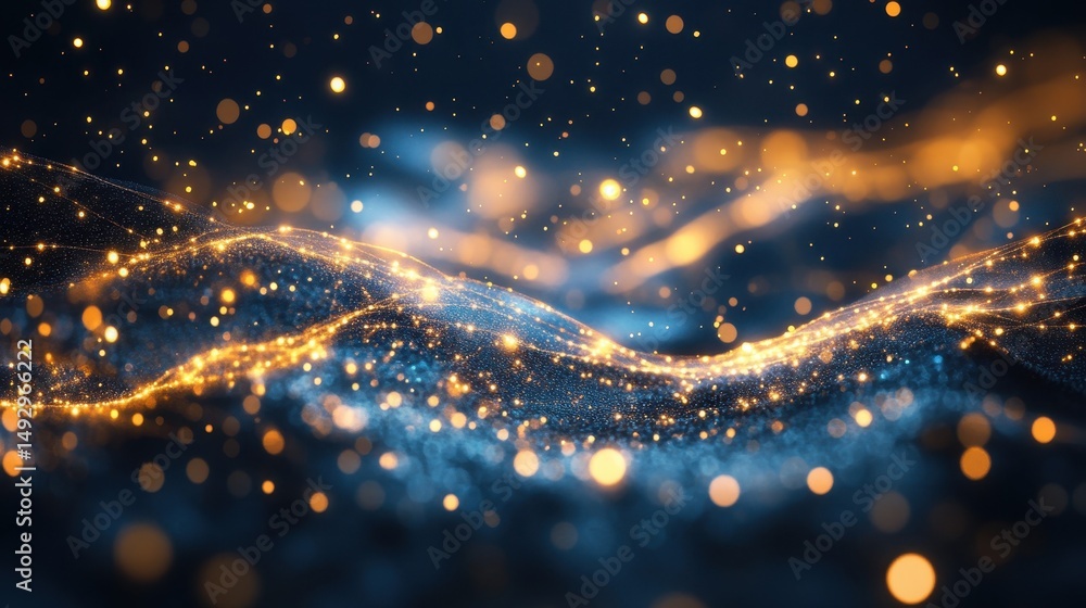 Poster a mesmerizing scene featuring glowing particles and soft waves, creating an enchanting atmosphere. i