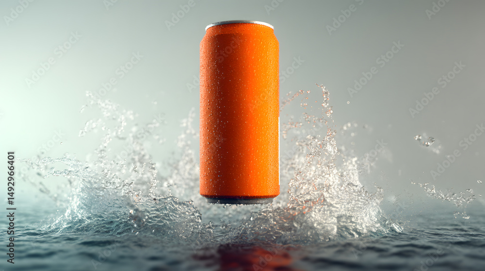 Poster orange can in water: an orange-colored can interacts dynamically with the water, with water droplets