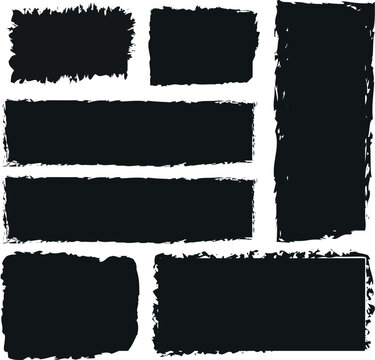 A collection of various sized, rectangular, black shapes with textured brush strokes. on white