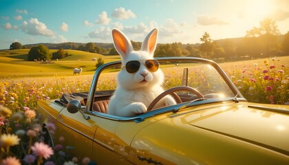 Cool bunny cruising scenic flower field