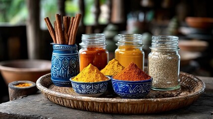 Colorful spices displayed on wooden tray