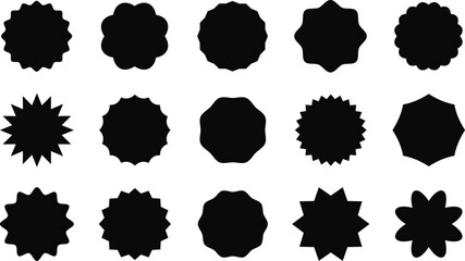 Black round wavy edge stickers, blank starburst shape badges for prices. Vintage price tag labels, sale or discount sticker with zigzag edges, simple circle promo banner silhouette vector set