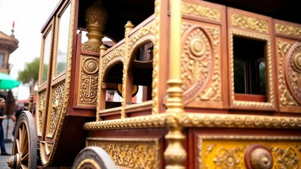 Golden and red details of an historical carriage, showcasing its intricate carvings and design - Powered by Adobe