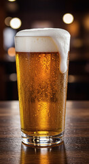 Cold light beer in a transparent pint glass with overflowing foam and condensation, pub atmosphere