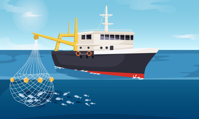 Fishing boat at sea using a net to catch fish, flat cartoon style, blue ocean background, concept of marine fishing industry. Vector illustration