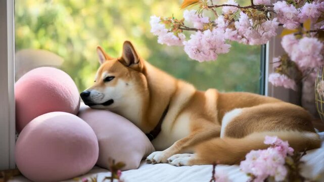 Sleepy shiba inu resting comfortably near window, nestled among soft pink cushions and delicate cherry blossoms, embodying tranquil canine relaxation. Adorable shiba inu dog sleeping peacefully