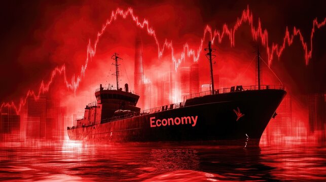 Visual metaphor of a ship labeled Economy sinking into a sea of red charts