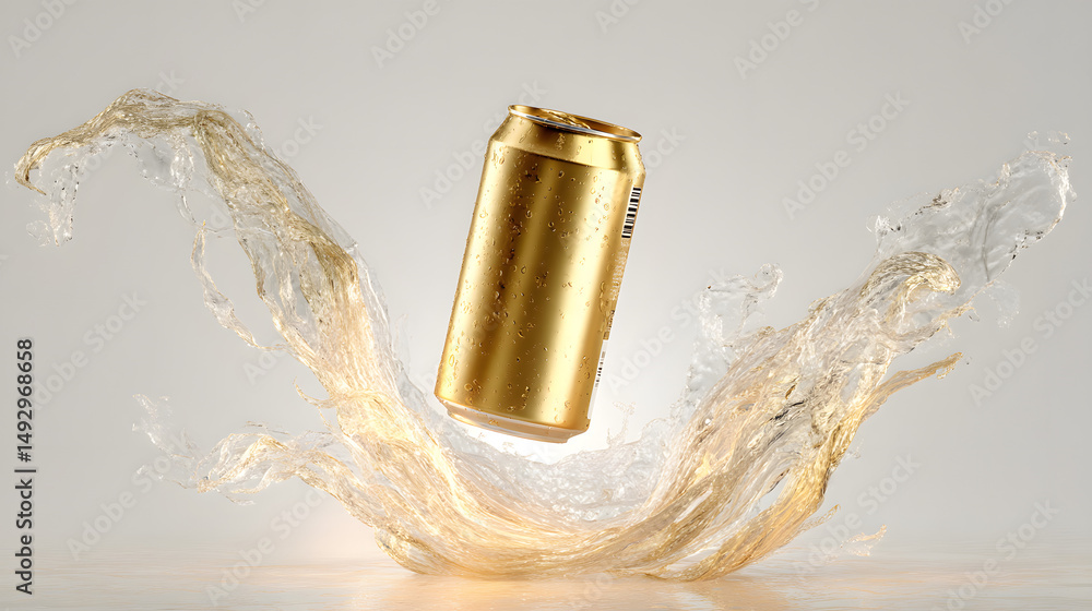 Poster golden can in action: a sleek, golden can is suspended mid-air as a cascade of refreshing liquid exp