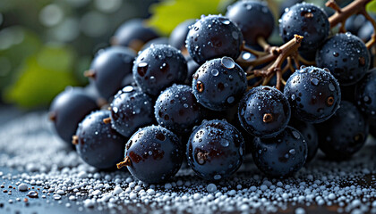 Closeup of Dewy Black Grapes on Dark Surface