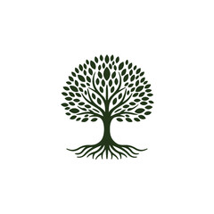 Circular Tree Logo with Roots and Leaves