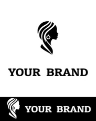 Elegant feminine logo design featuring a woman's silhouette with flowing hair and hoop earring, perfect for beauty salons, hairdressers, cosmetics, fashion brands, etc