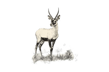 Pronghorn Antelope Engraving in Grassland, Monochrome Mammal Line Art, Vintage Wildlife Print, Rustic Animal Sketch, Retro Fauna Drawing, Detailed Nature Illustration