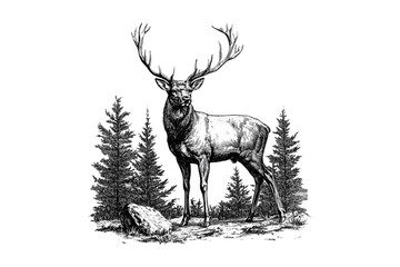 Vintage Engraving of Proud Stag in Forest, Retro Wildlife Etching, Detailed Mammal Line Art, Rustic Fauna Drawing, Antique Animal Print, Black Sketch, Trendy Wildlife Art