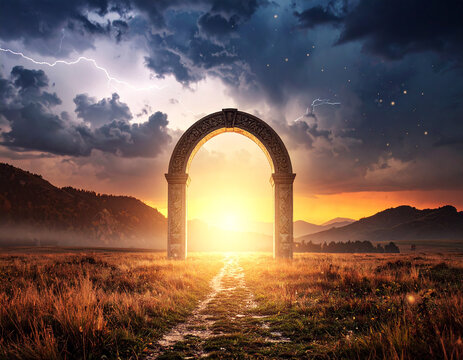 Surreal mystical landscape with glowing golden archway, magical portal against dark stormy sky