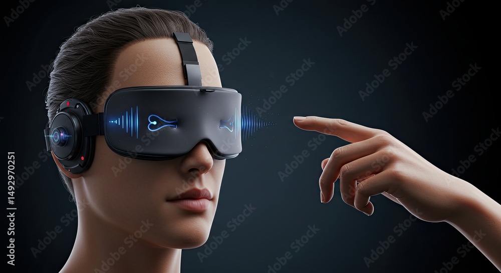 Poster Futuristic VR headset interaction with a finger pointing towards the user's vision