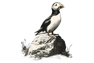 Hand-drawn Puffin on Rock, Vintage Etching Style, Monochrome Bird Illustration, Trendy Coastal Wildlife Art, Black Sketch, Vintage Decor, Old Engraving, Ocean Bird Art
