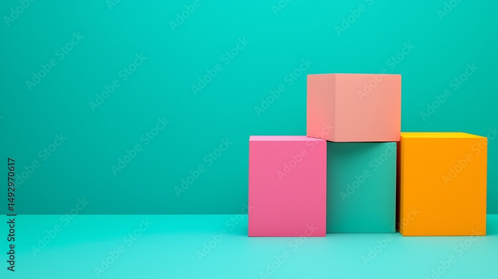 Poster three colorful cubes stacked on a turquoise background, creating a minimalist and modern geometric c