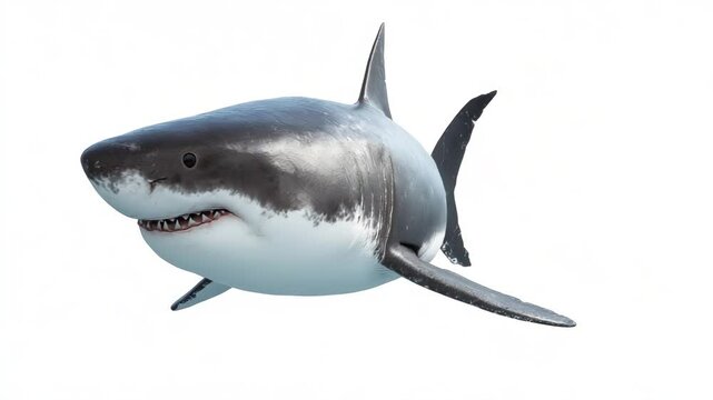 Powerful great white shark gliding on white background. Dangerous marine predator. wild sea creature, aquatic apex predator isolated cut out on blank backdrop.