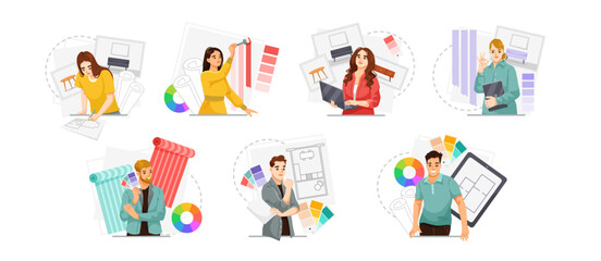 Team of interior designers using laptops, tablets, blueprints, and color samples, surrounded by design elements on white background. Concept of modern design process. Vector illustration