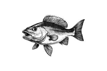 Vintage Sea Bass Engraving, Monochrome Underwater Fish Etching, Retro Marine Life Illustration, Hand-drawn Ocean Animal Sketch, Trendy Black and White Ocean Art