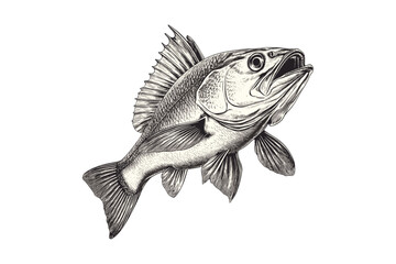 Retro Fish Etching, Vintage Sea Bass Engraving, Monochrome Underwater Animal Sketch, Marine Life Black and White Art, Hand-drawn Ocean Life Illustration