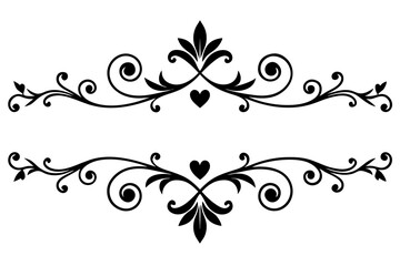 Black and white floral vector design element with ornate swirls and leaf silhouettes
