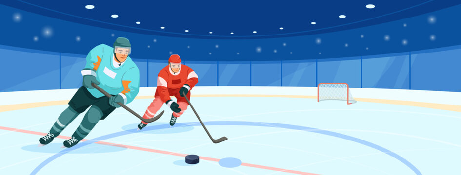 Two hockey players in action on an ice rink inside a stadium, flat cartoon style with blue background. Concept of competition and sports. Vector illustration