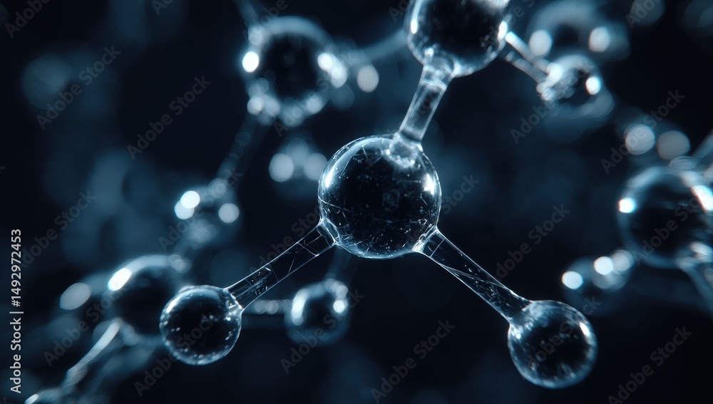 Poster a close-up digital rendering of a molecular structure with interconnected atoms on a dark background
