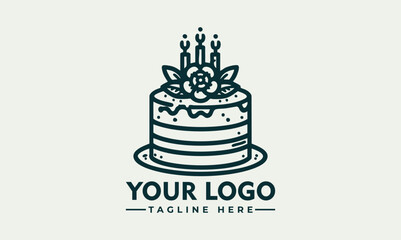 Minimalist Line Art Illustration of a Layered Cake with a Candle on Top. Food Icon Concept