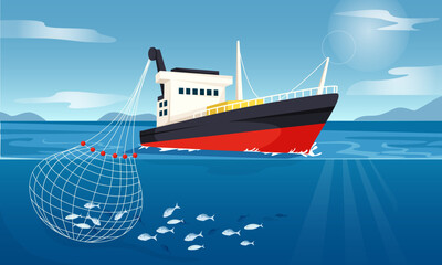 Fishing boat pulling net filled with fish in blue ocean, flat graphic style, with sea and mountain background. Concept of commercial fishing. Vector illustration