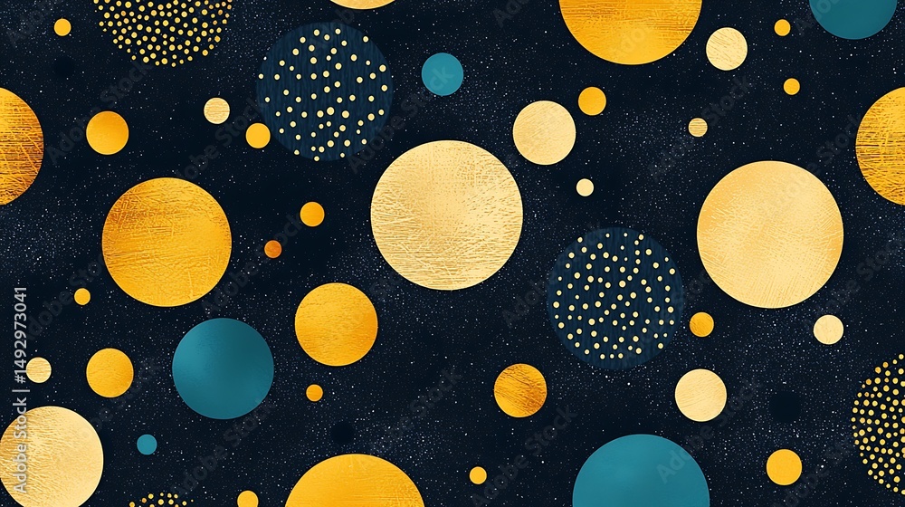 Poster abstract pattern of gold and blue circles on a dark background with textured and dotted details.