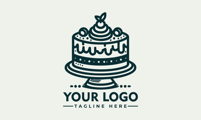 Minimalist Line Art Illustration of a Layered Cake with a Candle on Top. Food Icon Concept